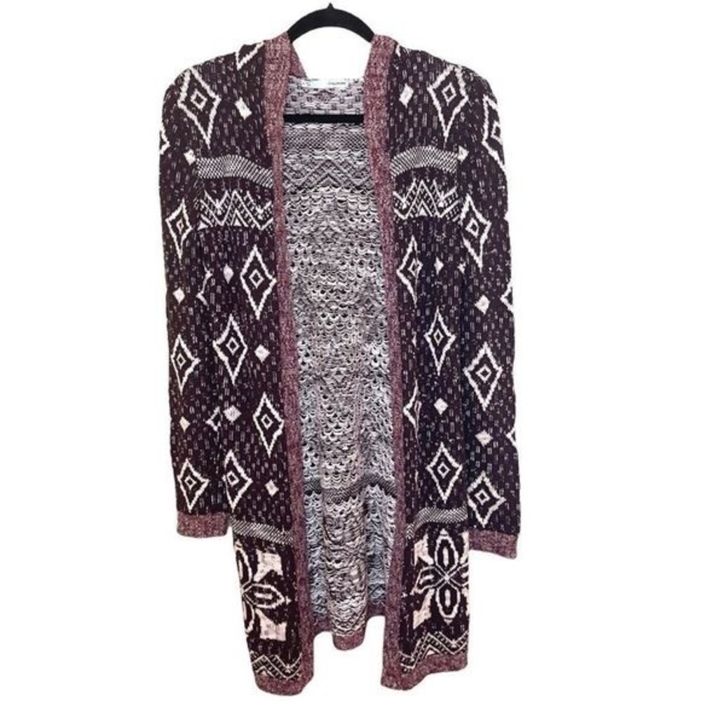 Maurice's Boho Style Brown & Cream Hooded Open Front Cardigan  Size Small